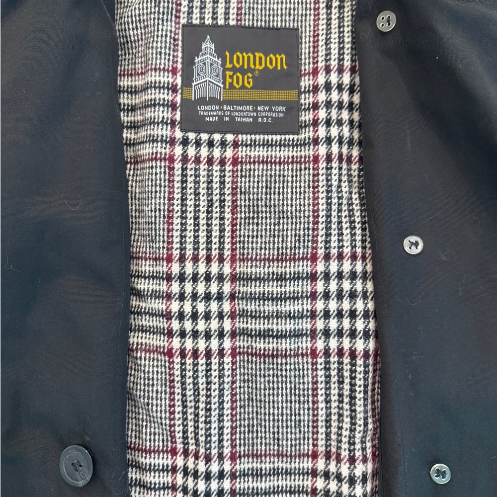 London Fog Black Trench Coat with Plaid Lining - Picture 6 of 7